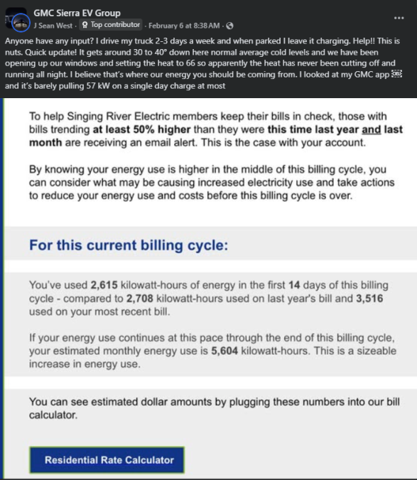 Electric vehicle owner forum post discussing high energy usage and GMC Sierra EV charging behavior with utility bill comparison.